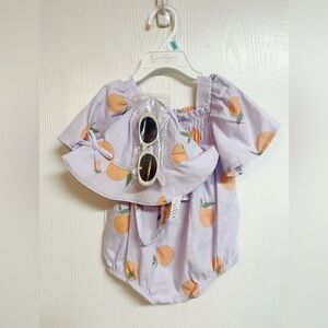 Jessica Simpson Infant Romper Lavender Oranges Hat Sunglasses Size 6/9m NWT